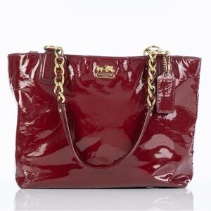 Coach Patent Leather Tote Madisen Aubergine Burgundy  Wine Red Purse Tote Bag